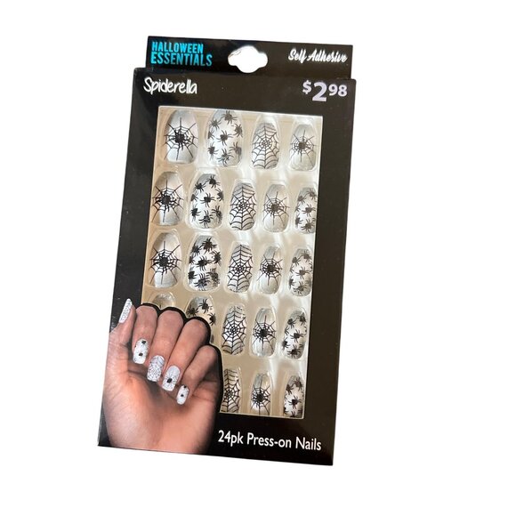 Halloween Essentials Spiderella 24pk Press-On Nails With Spider Web Design NEW - Picture 1 of 5